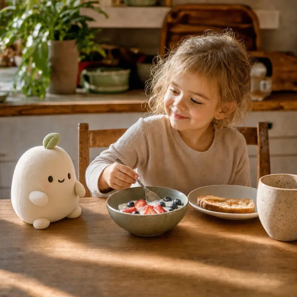 A young child at breakfast reaching for a bowl of berries, with a plush Mochi mascot beside the bowl